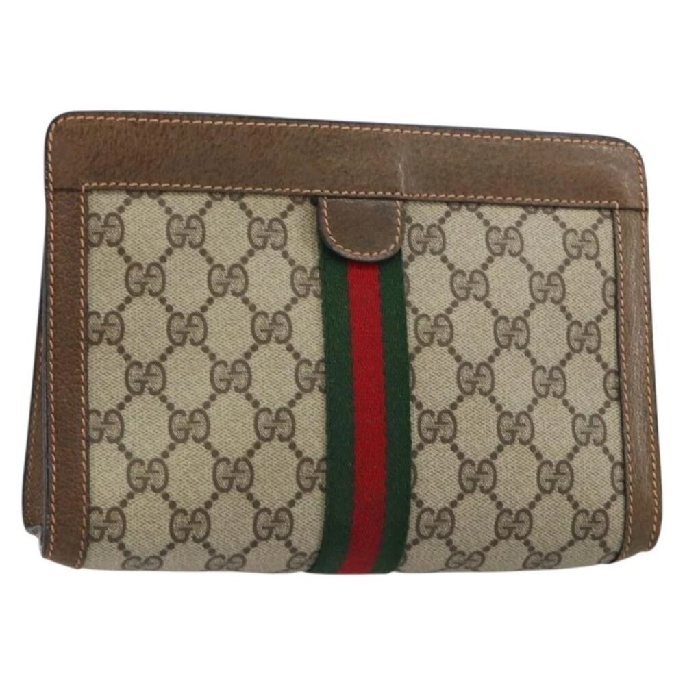 GUCCI GG Supreme Web Sherry Line Clutch Bag PVC Beige Red 89 01 001 Auth gh1405
